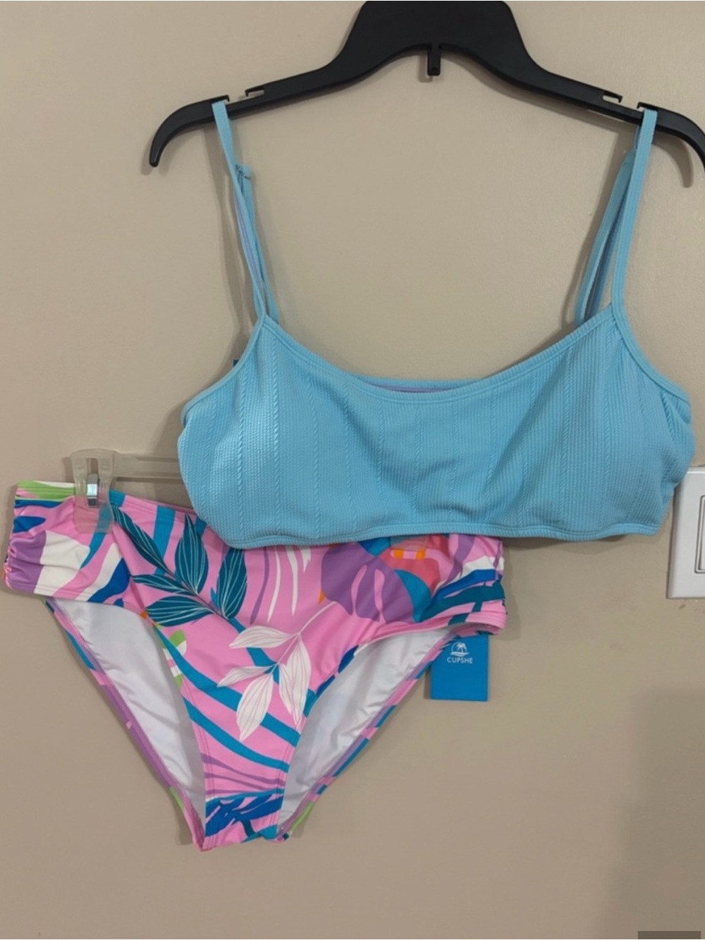 Cupshe Blue Ribbed Scoop Bikini Top with Pink Tropical Print Bottoms